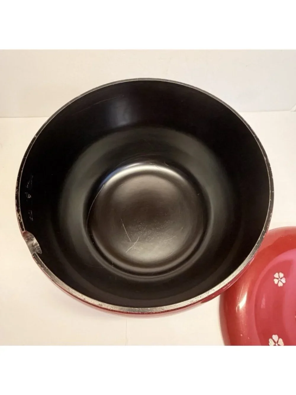 Japanese Wood Red Lacquer Ohitsu Rice Serving Bowl Mother of Pearl Inlay